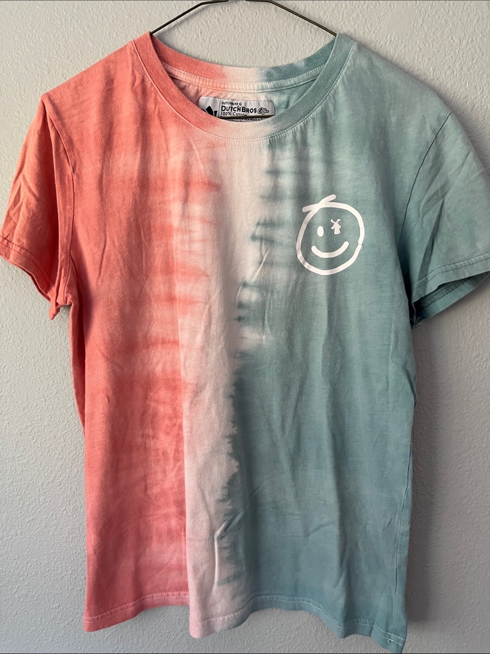Dutch Bros Coral, White & Aqua Tie-Dye Smiley Tee